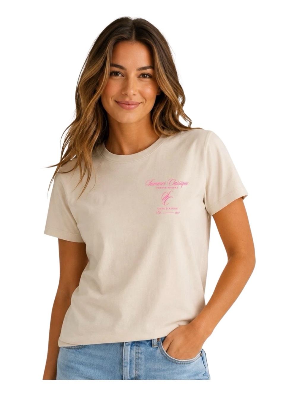 Universal Thread - NWT - Cream Short Sleeve Tee with Pink Chest Script
